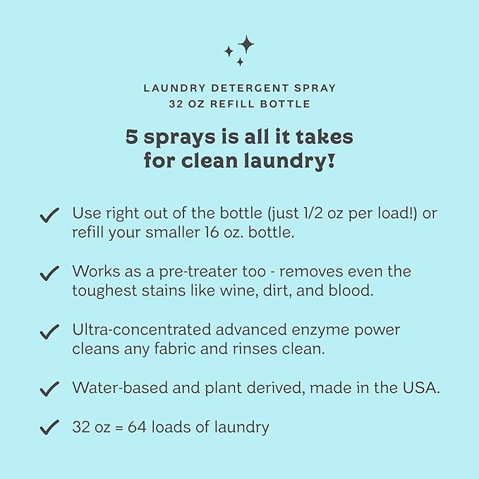 Clean Mama Laundry Detergent Spray & Pre-Treater Refill - Natural Laundry Detergent Soap for Sensitive Skin - Eco-Friendly, HE Compatible - Clean Laundry Scent - 64+ Loads of Laundry, 32 oz