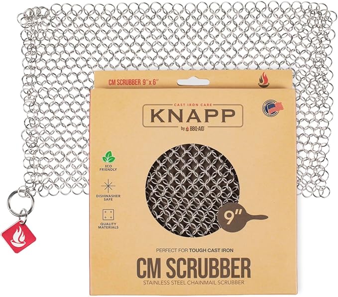 Knapp Made CM Scrubber 9"x6" Small Ring Cast Iron Scrubber - Cast Iron Cleaner for Hard Anodized Cookware, Pre-Seasoned Pans, Dutch Ovens, Iron Pans, Grills and Skillet. Chain Mail Scrubber Cast Iron