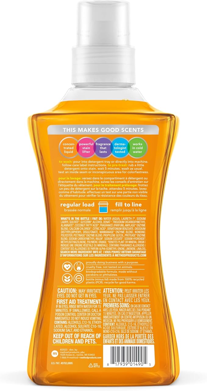 Method Liquid Laundry Detergent; Ginger Mango Scent; Plant-Based Stain Remover; 66 Loads per 53.5 fl oz bottle; 4 Pack (264 Total Loads); Packaging May Vary