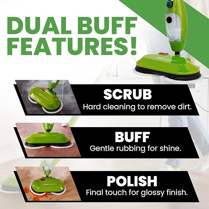 H2O MOP® X5 Dual Buff Steam Mop, 8 in 1 Handheld Steam Cleaner For Kitchen Tile Floors, Hardwood Floors, Grout Cleaner, Upholstery Cleaner and Carpets, 2 washable scrub pads, 11 cleaning accessories
