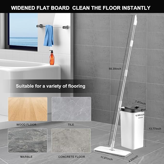 Mop and Bucket with Wringer Set, Hands Free Flat Floor Mop and Bucket,4 Washable Microfiber Pads Included, Wet and Dry Use, Home Floor Cleaning System for All Floor Types and Windows
