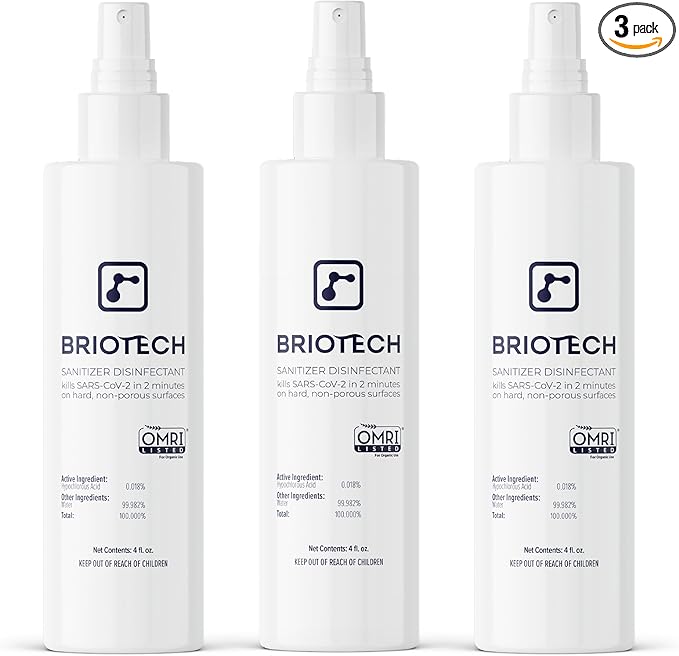 BRIOTECH Sanitizer Disinfectant Hypochlorous Spray, Kills 99.99% of Viruses & Bacteria, Eliminate Odor, Gentle for Nurseries & Play Rooms, Food Contact Surface Sanitizer, 4 fl oz ea, 3 ct
