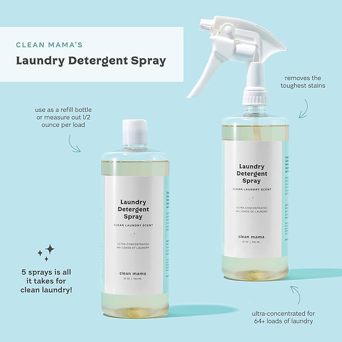 Clean Mama Laundry Detergent Spray & Pre-Treater Refill - Natural Laundry Detergent Soap for Sensitive Skin - Eco-Friendly, HE Compatible - Clean Laundry Scent - 64+ Loads of Laundry, 32 oz