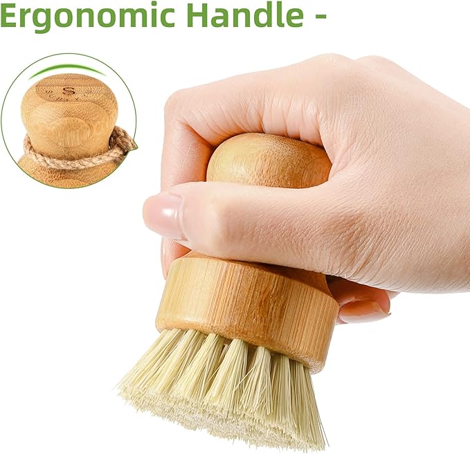 SUBEKYU Bamboo Dish Scrub Brushes, Bubble Up Bamboo Dish Brush Set with Brush Tray, Kitchen Wooden Cleaning Scrubbers Set for Washing Cast Iron Pan/Pot, Natural Sisal +Coconut Palbristles, Set of 2