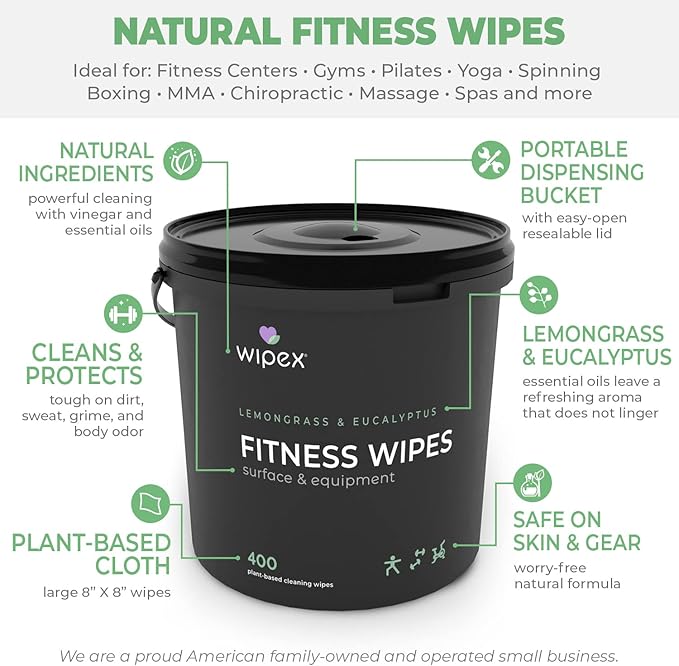 Wipex Gym Wipes Fitness Equipment Wipes, Plant-Based Cloth - Lemongrass, Eucalyptus and Vinegar Wipes to Clean Surfaces, Safe Yoga Mat Cleaner Wipes, All Purpose Gym Cleaner, 400 Count