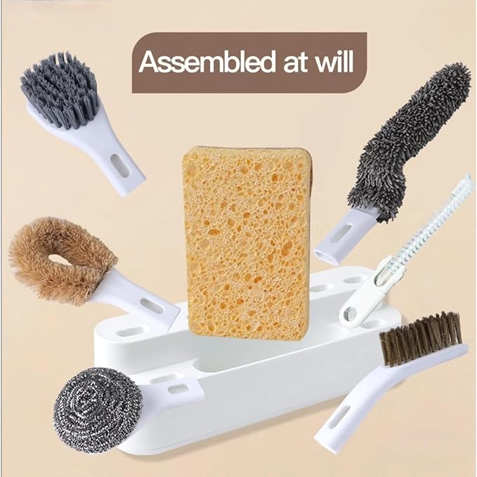 Kitchen Cleaning Brush Set of 7 with Handles and Base, Includes Pot, Bottle, Dishwashing, Crevice Cleaning Brushes, Hangable for Kitchen Countertops, Sinks, Pots, Pans, Dishware