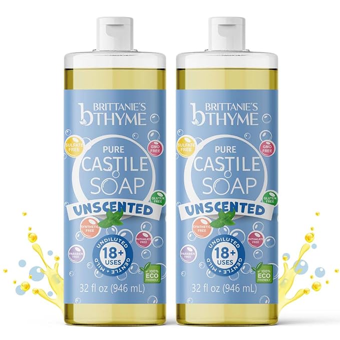 Brittanie’s Pure Castile Liquid Soap Refill, Unscented, 32 Ounce Pack of 2 | Dish Soap, Hair & Body, Home, Gentle and Pure, Made with Natural Luxurious Oils, Vegan & Gluten Free Non-GMO