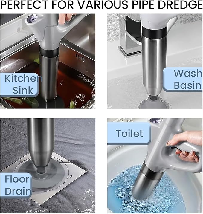 Plunger Toilet Pneumatic Drain Cleaner with Real-Time Air Pressure Gauge, Sewer Snake Clog Removal Tool, High Pressure Sewer Jet Gun for Sink, Bathroom and Kitchen Plumbing