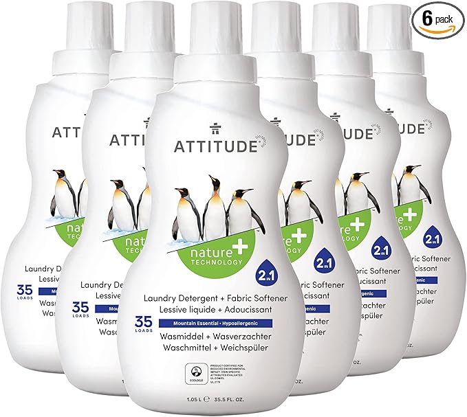 ATTITUDE 2-in-1 Liquid Laundry and Fabric Softener Detergent, EWG Verified Laundry Soap, HE Compatible, Vegan, Cruelty-Free, Mountain Essentials, 35 Loads, 35.5 Fl Oz (Pack of 6)