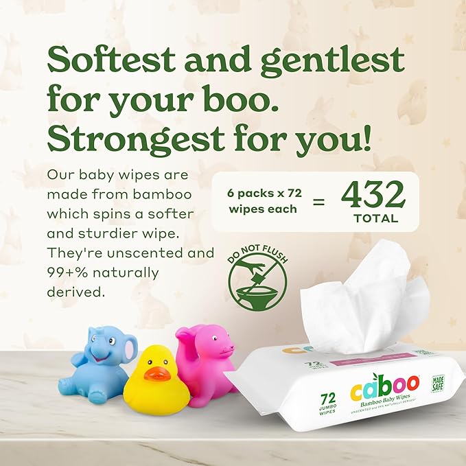 Caboo Baby Wipes, Made with Bamboo Viscose, Certified Made Safe Ingredients, Unscented Baby Wipes Good for Sensitive Skin, 72 Wipes Per Travel Pack, Total of 432 Wet Wipes