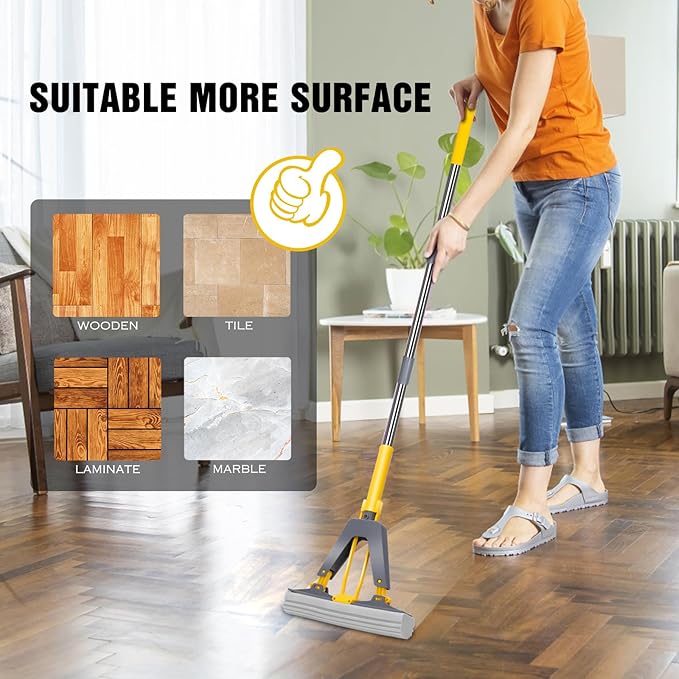 Sponge Mop with Self-Squeeze Feature, Stainless Steel Handle, 3 PVA Absorbent Mop Head Refills, Ideal for Home & Commercial Use on Tile, Floor, Bathroom & Garage