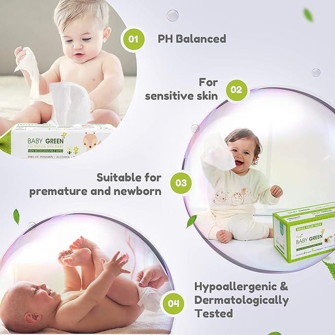 Yugi Green Baby Wipes – Unscented, Compostable, Biodegradable, Plant-Based, Fragrance-Free, for Sensitive Skin & Babies – 1 Pack of 72 (72Count)
