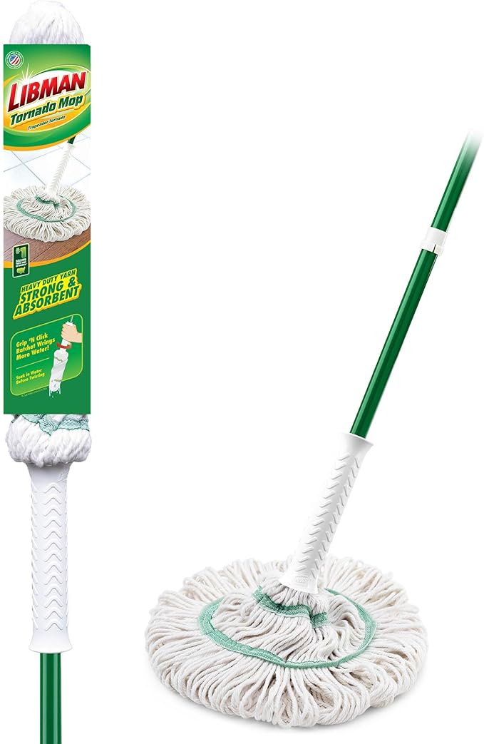 Libman Tornado Self Wringing Mop & 3 Refills - Cotton Mop Head, Machine Washable, 4 Total Heads