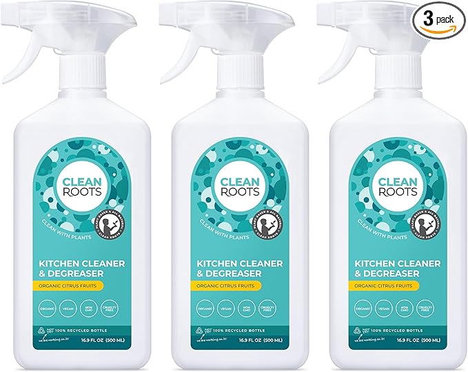 Kitchen Cleaner & Degreaser, EcoGarantie Certified 100% Organic & Natural Ingredients, Scented with Organic Citrus Fruits - Pack of Three 16.9 fl. oz. (500 mL) Bottles.