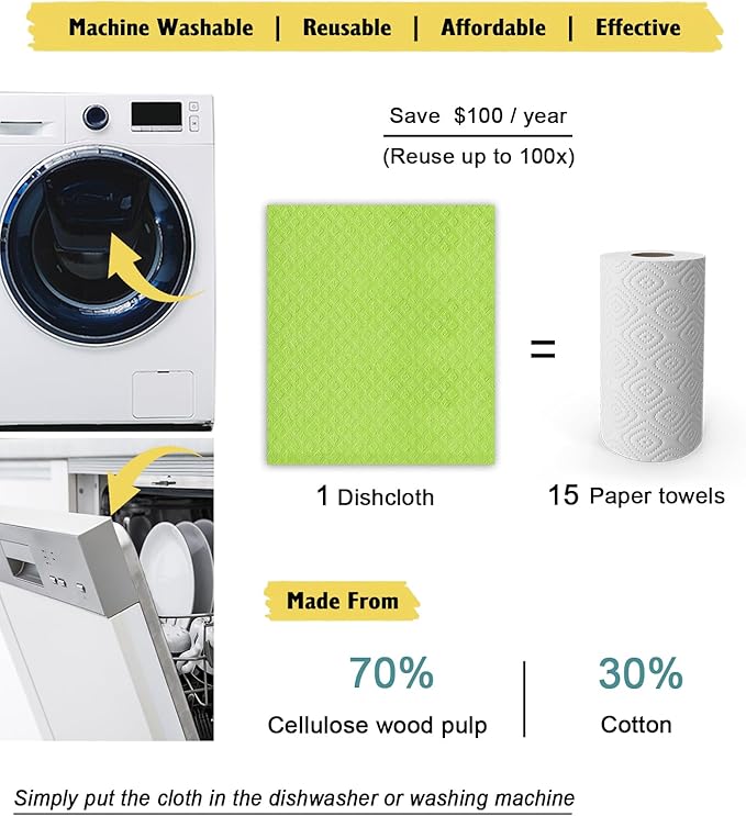 Swedish Dishcloths for Kitchen | 10 Pack Absorbent Cellulose Sponge Cloths Washable | Non-Scratch Reusable Paper Towels Quick Drying Cleaning Rag - Lime Green