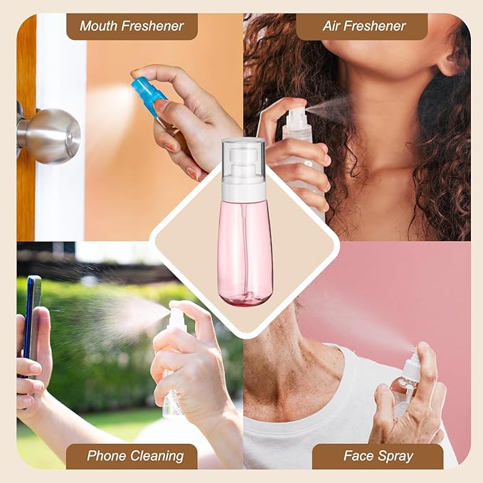 uxcell 6Pcs Small Spray Bottles, 100ml/3.4 oz Travel Size Spray Bottle Fine Mist Empty Refillable Travel Containers with Labels for Perfume Cosmetic Essential Oil (Pink/Clear)