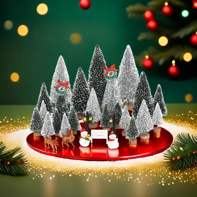 Waipfaru Christmas Village Accessories, 30 Pcs Christmas Village Display Platforms with Snowman, Mini Bottle Brush Christmas Trees, Miniature Small Pine Trees for Xmas Table Winter Decor