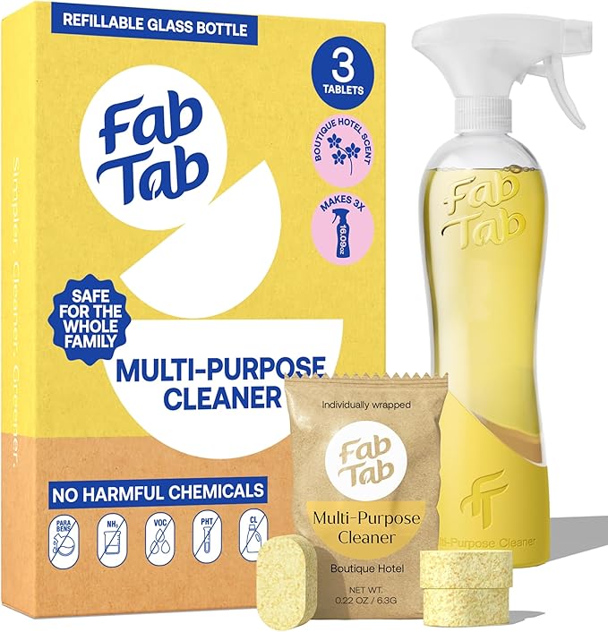 Multi Purpose Cleaner Cleaning Tablets, Eco-Concious Refillable Glass Bottle System with Boutique Hotel Scent, Safe For Family and Pets - Chemical-Free, Plastic-Free - 3 Count