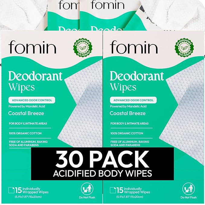 FOMIN Acidified Travel Deodorant Wipes For Women & Men - 30 Count - Coastal Breeze - pH Balanced, Mini Deodorant Travel Size Wipes - Plastic-Free, Individually Wrapped Underarm Body Wipes