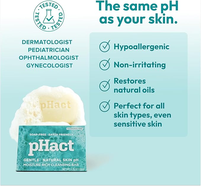 ANDREW LESSMAN pHact Moisture-Rich, Soap-Free Cleansing Bar. Natural Skin pH. Fragrance-Free. All Skin Types - Even Sensitive Skin. Hypoallergenic. Dermatologist Tested. 3-Pack 4.25 oz Each