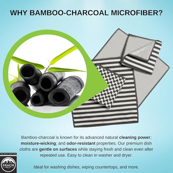 Severn Dish Cloths for Washing Dishes 4pk. No-Smell Dish Rags with Non-Scratch Wire Scrubber Side for Kitchen Cleaning. Grime-Fighting Bamboo-Charcoal Microfiber 2-Sided Dishrags. Machine Wash + Dry