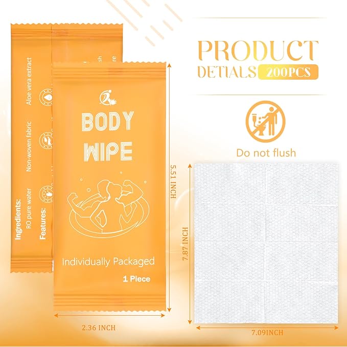 Timgle 200 Pcs Body Wipes Individually Wrapped Bath for Adults Face Hand Deodorant Body Wipes Pearl Pattern Wet Shower with Aloe Bathing Disposable Cleansing for Travel Gym Travel