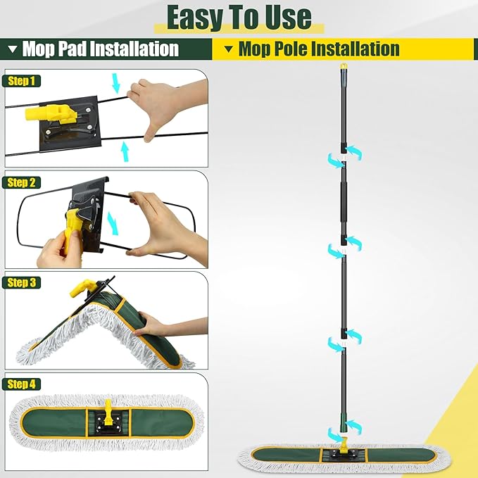 24" Commercial Dust Mop for Floor Cleaning, Heavy Duty Large Mop with Replacement Mops Pads, Industrial Duster Floor Wet Dry Broom for Cleaning Office Garage Hardwood Warehouse (Green, 24" mop)