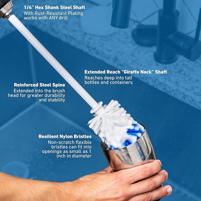 Bottle Brush - Drill Accessory - Clean Water Bottles, Coffee Mugs, Cups, Pots, Glasses, Jars, Blenders & Pitchers
