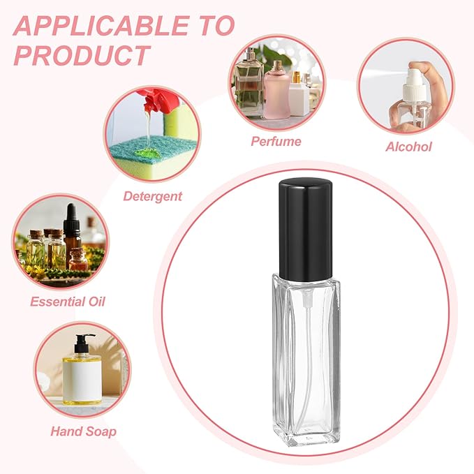 uxcell 8ml Glass Mini Perfume Bottles, 20Pcs Fine Mist Bottles Refillable Empty Mini Spray Bottles with Aluminized Nozzle for Perfume, Travel Liquid, Essential Oil (Clear/Black)