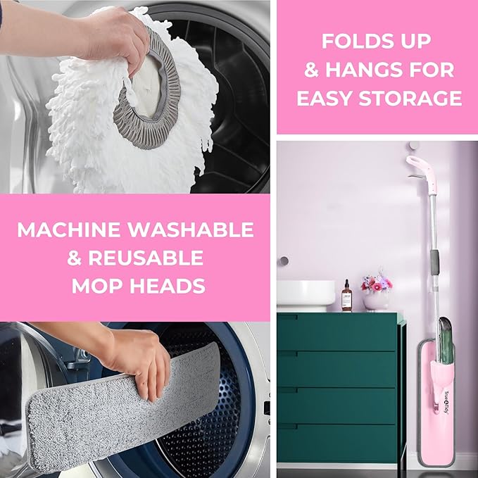 True & Tidy® Clean Everywhere Spray Mop Kit with Three Interchangeable Heads and Refillable Tank- Includes Flat Head, Round Mop, Window Squeegee (Pink)