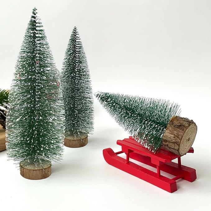 7PCS Small Christmas Trees, Bottle Brush Christmas Trees Mini Sisal Snow Frost Trees Pine Trees with Wood Base Tabletop Mini Christmas Village Tree for Holiday Decorations