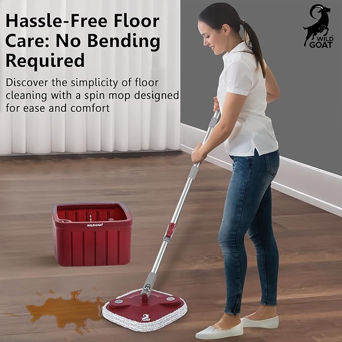 WILD GOAT Clean Water Spin Mop - Including 3 Heavy Duty Machine Washable Cleaning Pads with Wall Mountable Mop Holder - Dual-Chamber Bucket, Separates Clean & Dirty Water - 360° Rotatable Mop Head