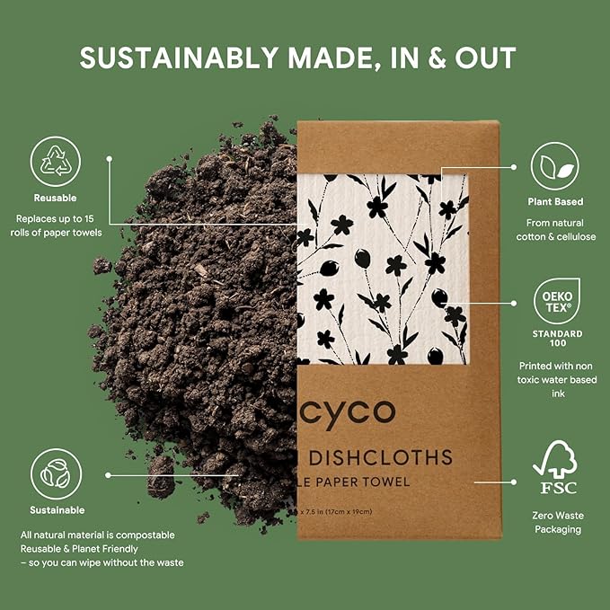 RECYCO Reusable Dish Cloth 12 Pack Swedish Dish Clothes for Kitchen Counter Cotton Cellulose Absorbent Machine Washable Plant Based Okeo Tex Standard 100 Sponge Wipes Women Owned (Mushroom)
