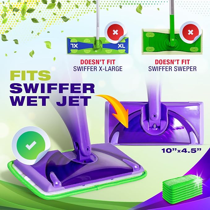 Reusable Mop Pads Compatible with Swiffer WetJet (2 Pack) - Microfiber Mop Refill for Wet Mopping Cloths - Hardwood Floor Cleaning Spray Pads Reusable Replacements - Green