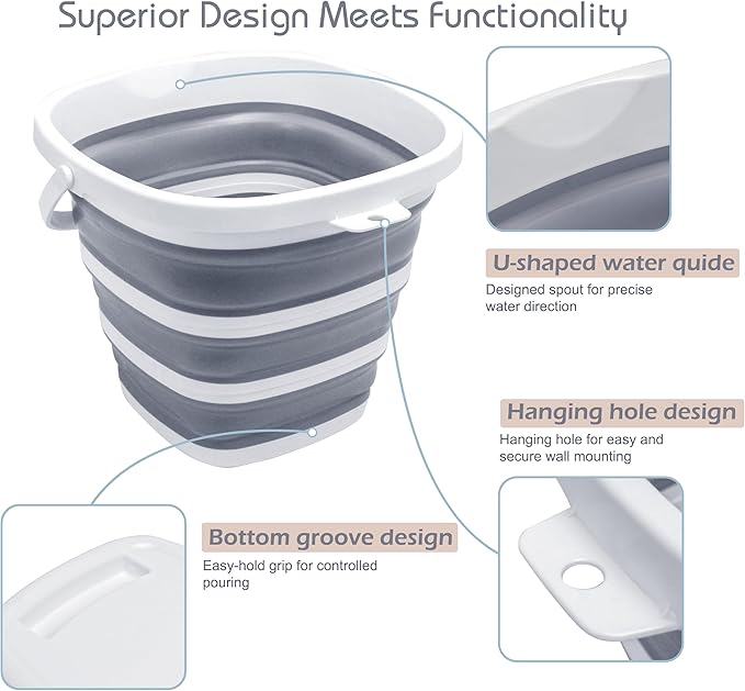 Collapsible Bucket Mop Bucket 2.6 Gallon(10L) for House Cleaning, Travel, and More - Lightweight, Foldable, and Portable for Outdoor Adventures(1,Grey-Square)
