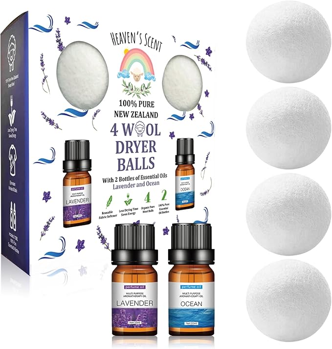 Heaven's Scent Wool Dryer Balls w/Essential Oils Bundle - Reusable, Organic, Handmade & Hypoallergenic XL Size | Eco-Friendly, Natural Fabric Softener | Ocean & Lavender Oil, White