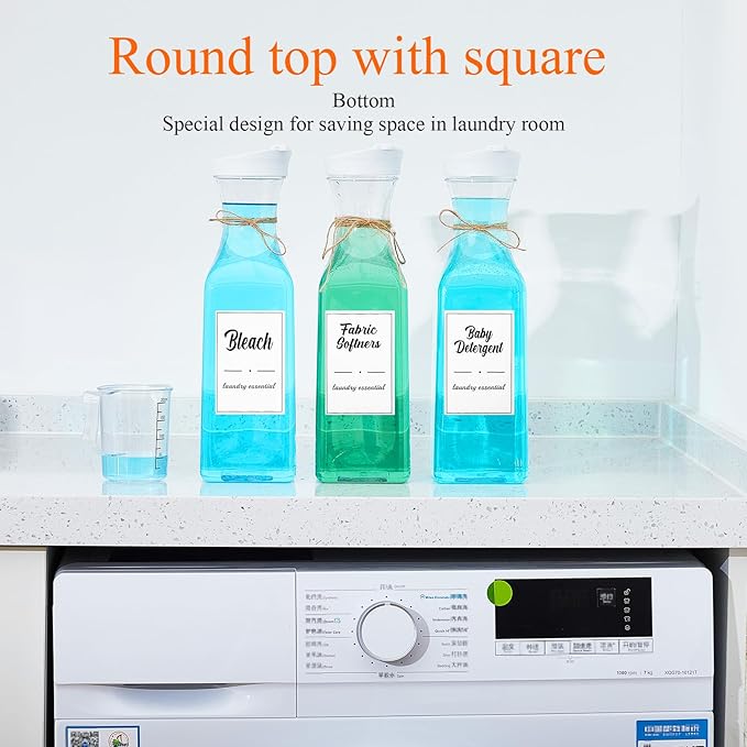 Hushee 4 Pcs Laundry Detergent Dispenser Bottle 51oz with Measure Cup Labels for Laundry Detergent Soap Fabric Softener Bleach Scent Booster Beads Bottle for Laundry Room Decor