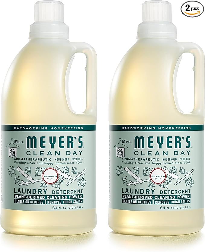 MRS. MEYER'S CLEAN DAY Liquid Laundry Detergent, Biodegradable Formula Infused with Essential Oils, Birchwood, 64 Fl oz (Pack of 2)