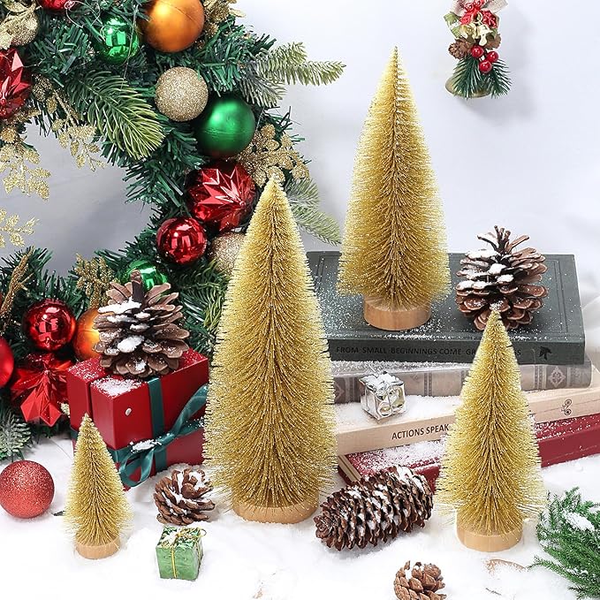 SITUMEIZI Gold Bottle Brush Christmas Trees - Artificial Small Xmas Tree Gifts 4 Pc Mini Gold Trees for Christmas Decor