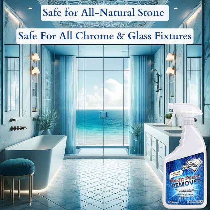 Black Diamond Stoneworks Natural Stone Shower Soap Scum Remover Spray. For Cleaning Bathtubs, Glass Doors, Tubs, Travertine, Marble, Tile. Heavy Duty, Safe Acid-Free Cleaner. Safe for fixtures.