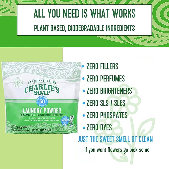 Charlie's Soap - Unscented Laundry Powder 50 Loads (Six 50-load Bags, 300 Total Loads)