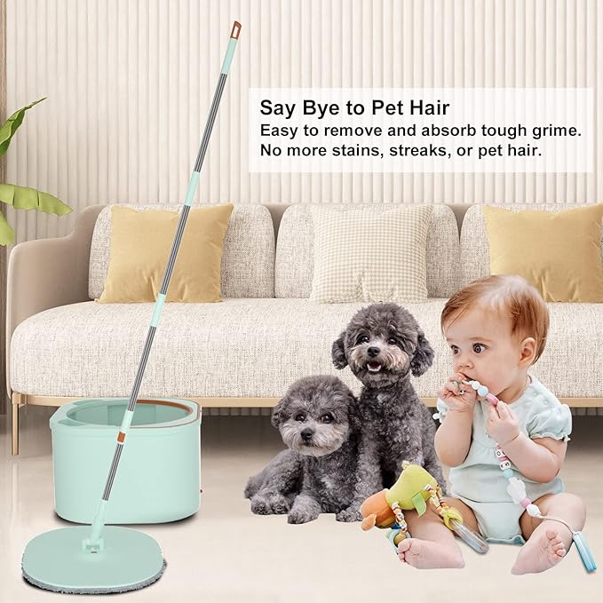 MOLACHI Flat Floor Mop and Bucket System Set with Wringer, Self Wringing Microfiber Spin Mops Bucket for Hardwood, Laminate, Tile, Floor Cleaning, Separate Dirty Water, Wet and Dry Use, Bright Green
