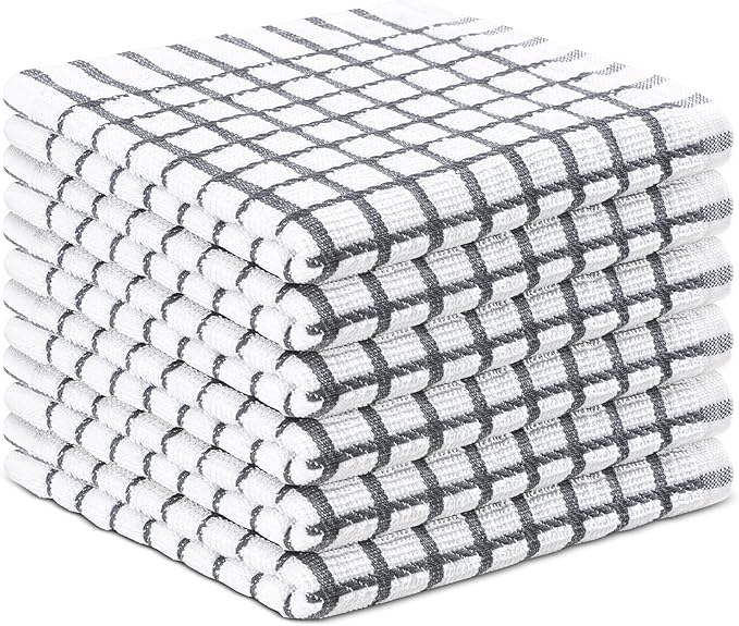 100% Cotton Dish Cloths (Pack of 6) - Dish Rags for Washing Dishes - Reusable & Highly Absorbent Kitchen Towels - Multipurpose Kitchen Rags - (12" x 12" - Slate Grey Checkered)