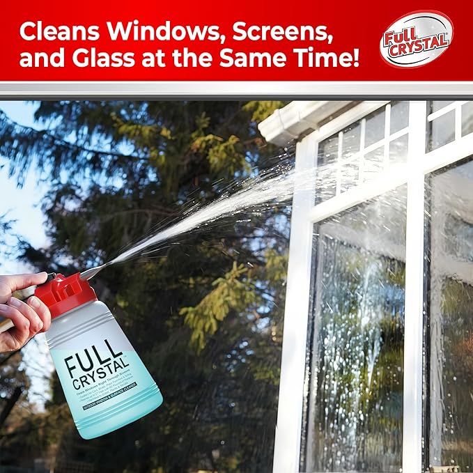 Full Crystal Kit - Bottle, Lid with Hose Attachment, and Two 4 oz. Crystal Powder Exterior Window Cleaner Packets for Glass and Screens (Cleans Up to 40 Windows)