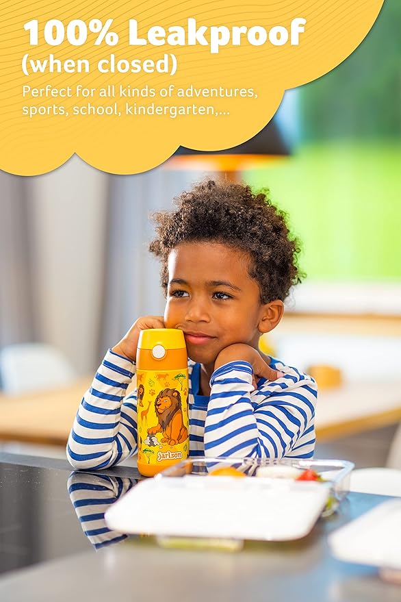 kids water bottle with straw - CHARLI - insulated stainless steel water bottle - thermos - girls/boys (Lion 'Star', 12 oz)