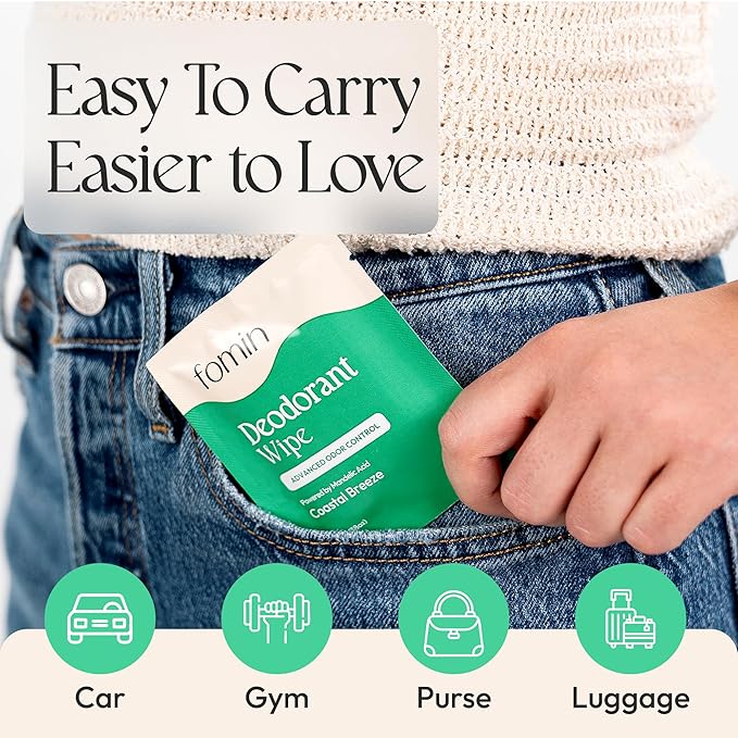 FOMIN Acidified Travel Deodorant Wipes For Women & Men - 30 Count - Coastal Breeze - pH Balanced, Mini Deodorant Travel Size Wipes - Plastic-Free, Individually Wrapped Underarm Body Wipes
