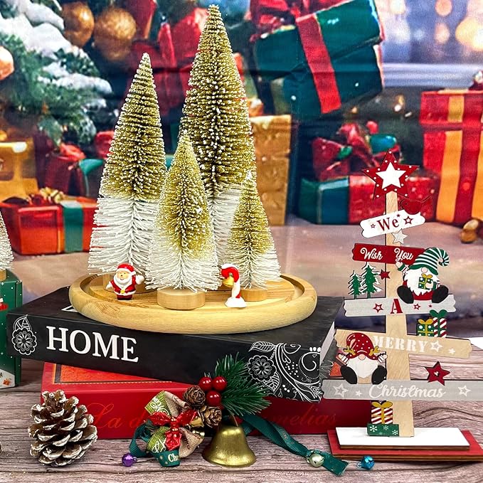 Mini Christmas Trees Bottle Brush Christmas Trees for Christmas Decorations Multicolor Table Top Gradient Christmas Tree with Wooden Base (Gold+White)