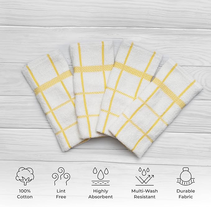 100% Cotton Terry Dish Towels, 4 Pack Checks, 16 x26 Inches, Super Soft and Absorbent Kitchen Towels, Perfect for Kitchen Cleaning and Dish Washing | Yellow