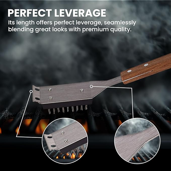 Grill Brush and Scraper for Barbecue with Replaceable Stainless Steel Bristles Head – Grill Brush for Outdoor Grill with Extended 15” Large Wooden Handle -No Scratch on Grill