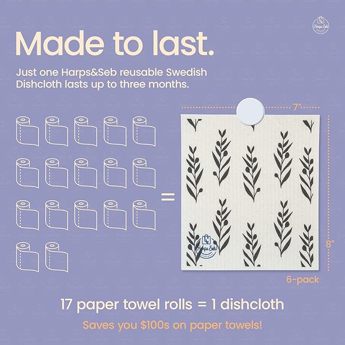 Harps&Seb Swedish Dishcloths for Kitchen Dish Towels - 6 Pack, Reusable Paper Towels with Clips, Super Absorbent Washable Non-Scratch Swedish Dish Towels, No Odor, Biodegradable